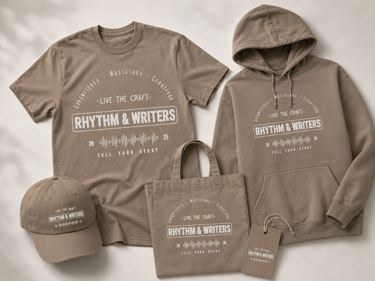 Coordinated branded apparel collection with shirts, hoodie, hat, tote bag and hang tag