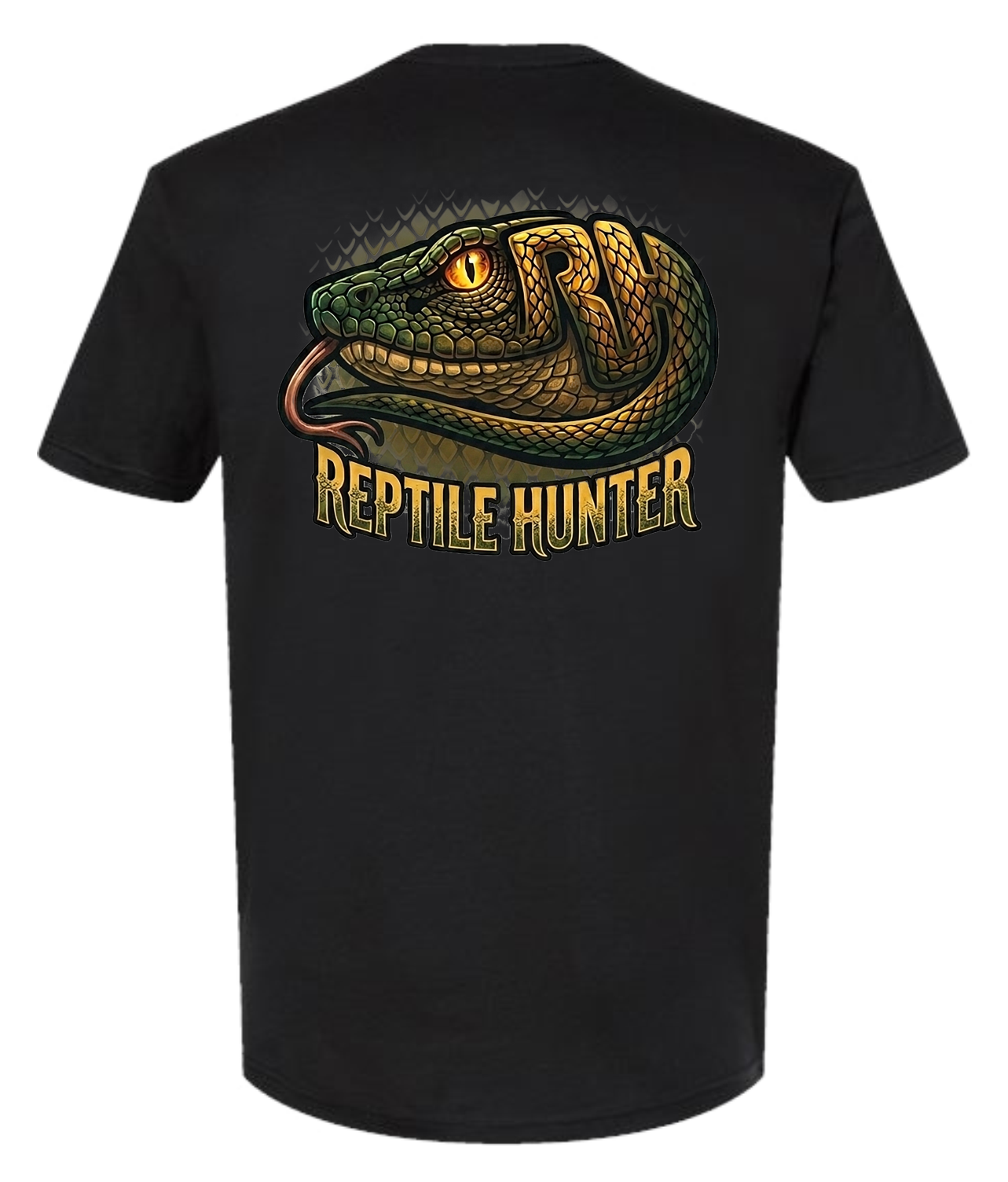 Back of black Joseph Hart Reptile Hunter T-shirt with large snake and Reptile Hunter graphic